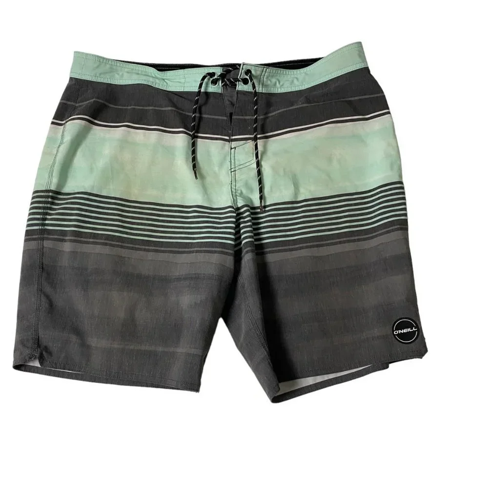 O'Neill Men Size 38 Stripped Mint Gray Back Pocket Swim Stretch‎ Board Shorts